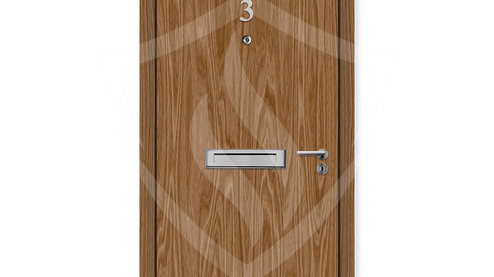 Walnut wood internal fire door with metal handle, letterbox, and number 3 on white background