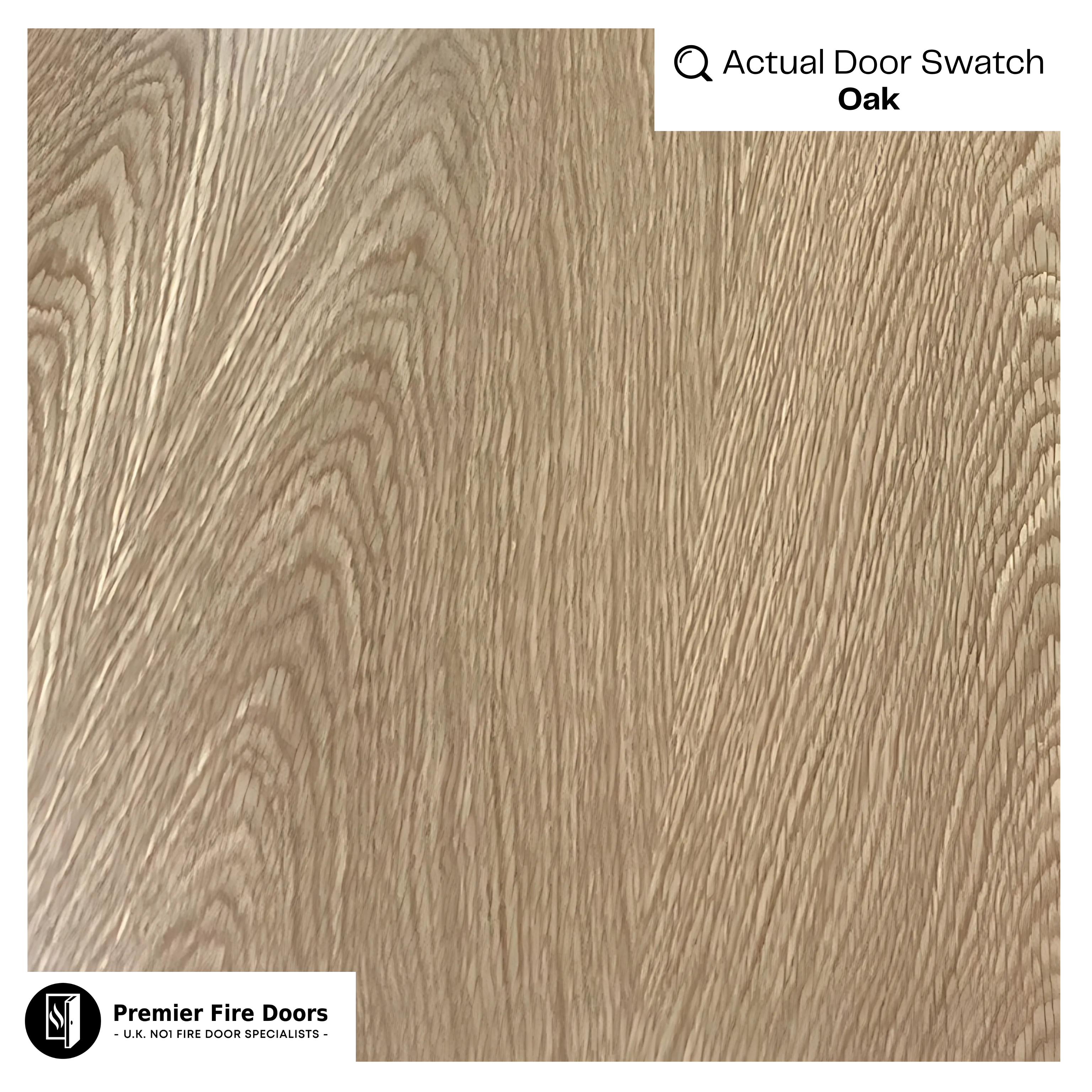 Oak fire door wood grain swatch, light natural finish, close-up texture sample