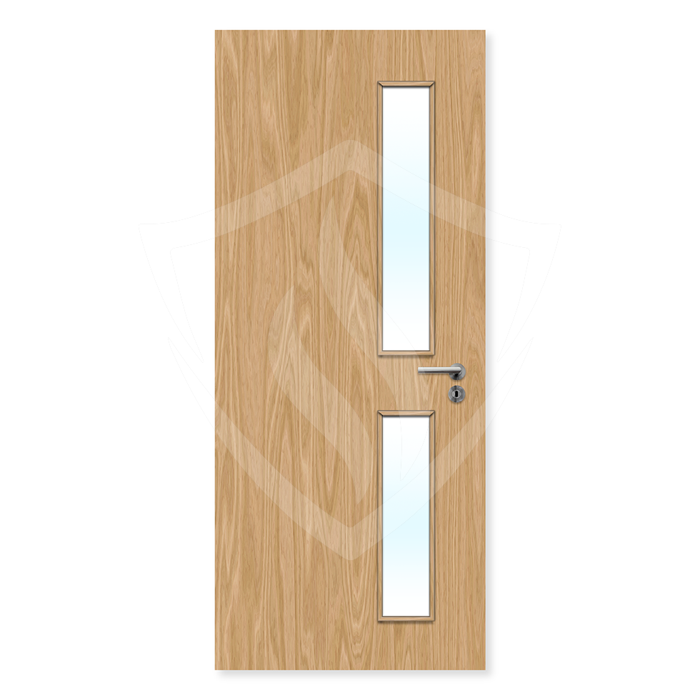 Oak veneer fire door with two vertical glazed panels and silver handle, internal use