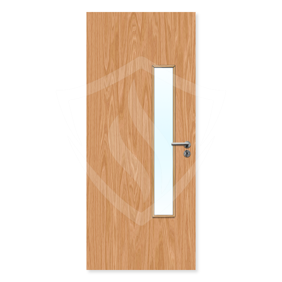 FD30 beech fire door with vertical glazed panel and silver handle, ideal for internal use