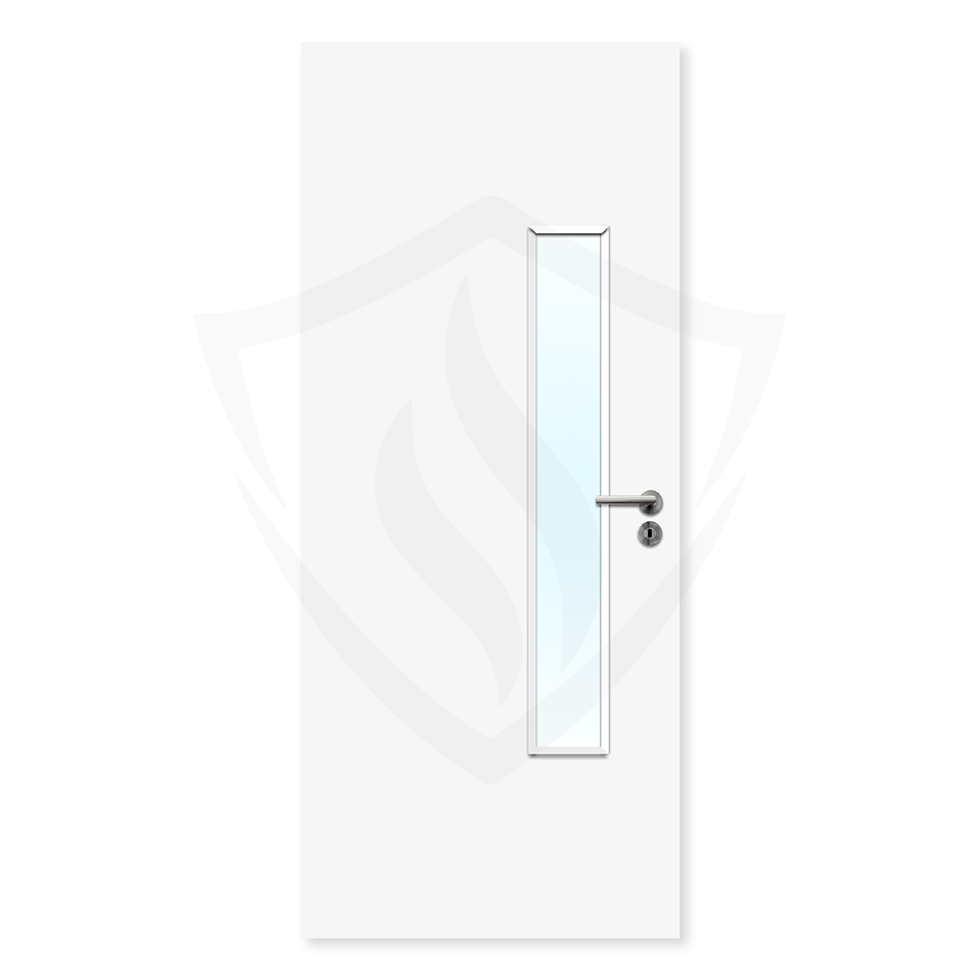 White fire door with slim vertical glazed panel and silver handle