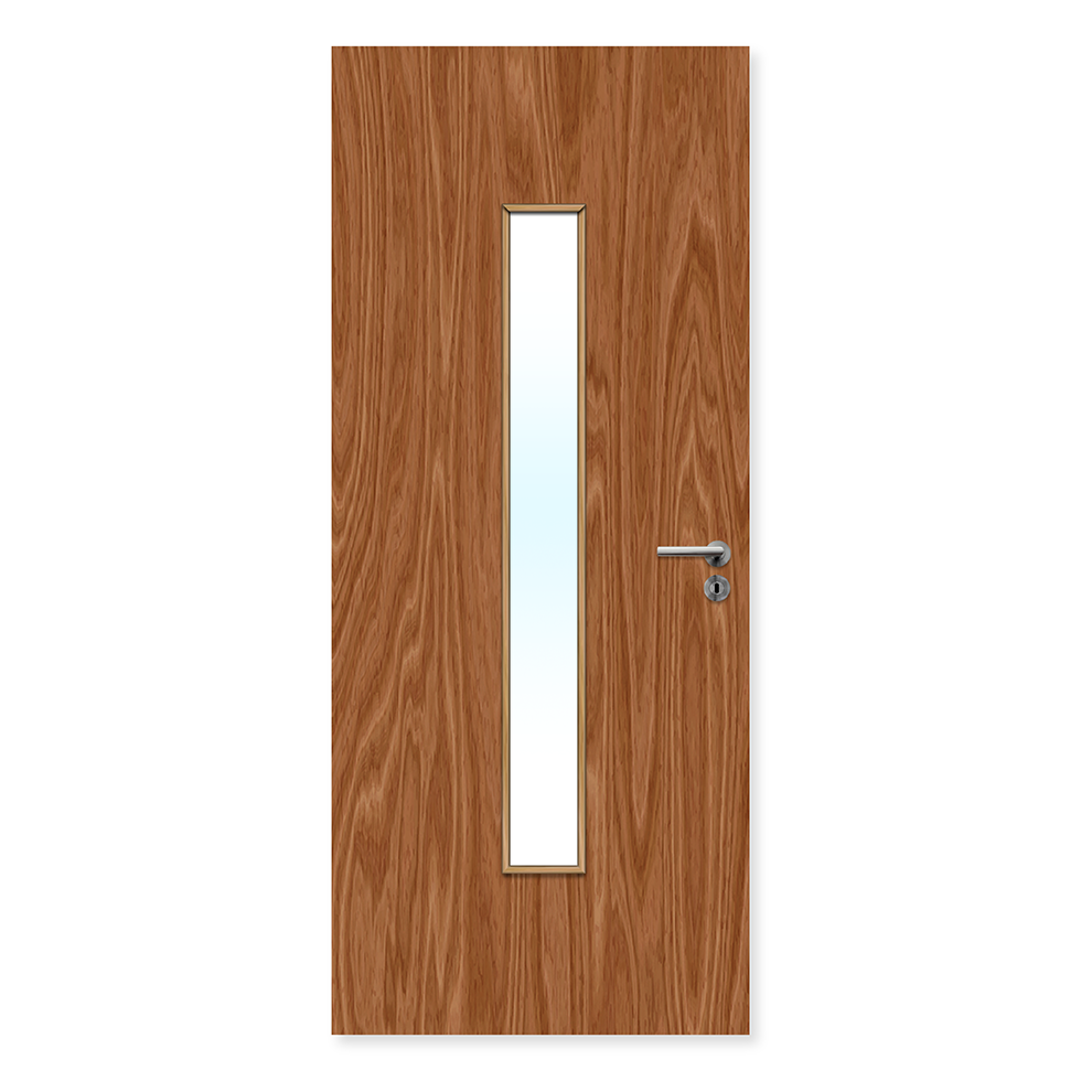 Single oak fire door with vertical glazed panel and silver handle for interior use