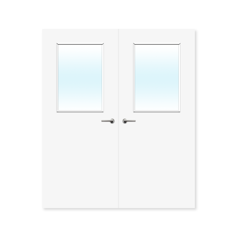 Double white internal fire doors with glazed panels and modern handles