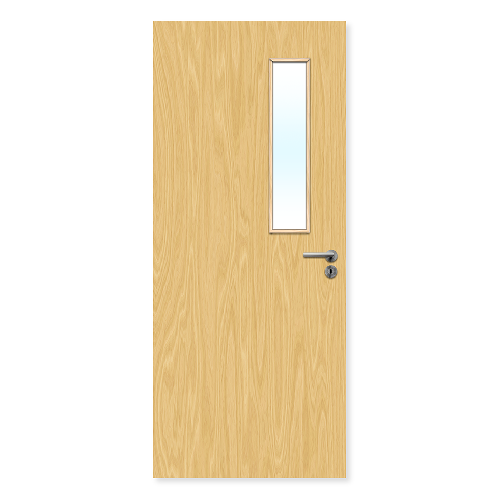 Light oak fire door with slim vertical vision panel and silver handle