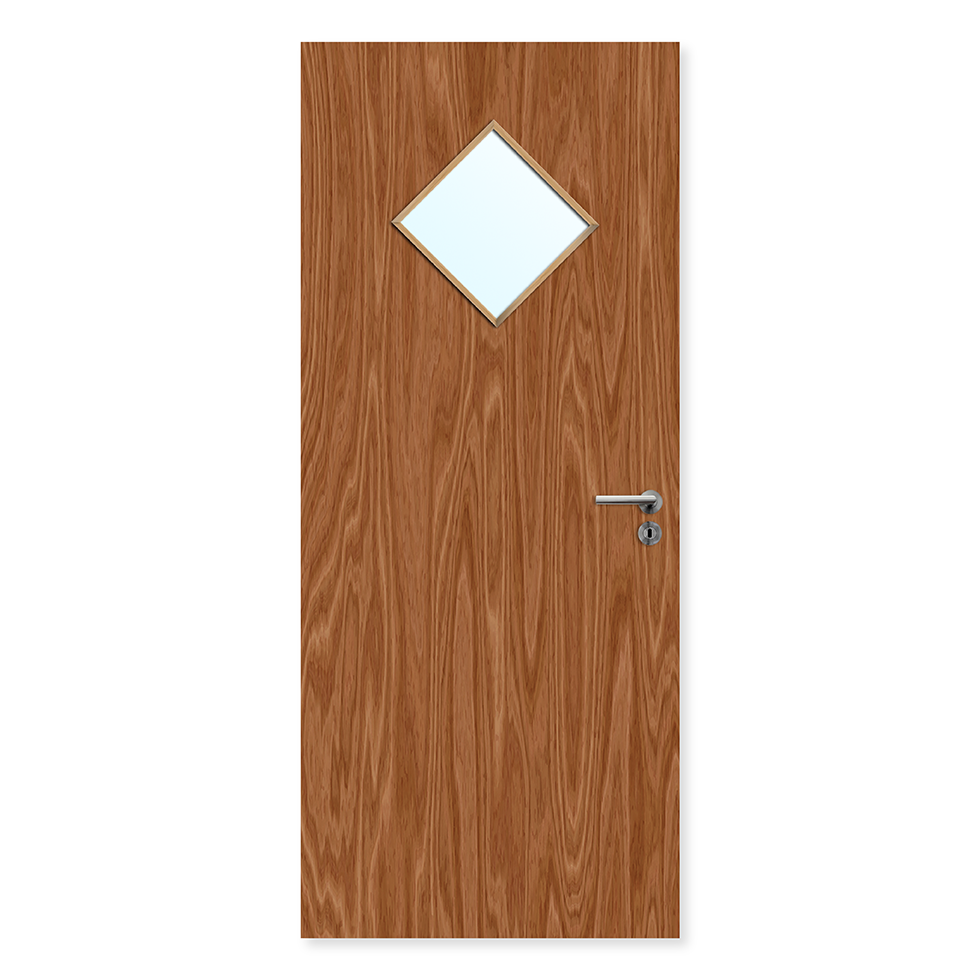 Oak finish internal fire door with diamond glazed window and metal handle
