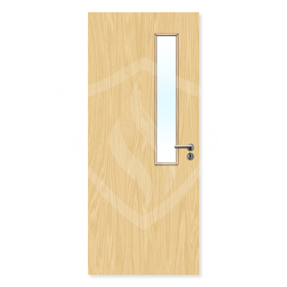 Oak veneer fire door with vertical glazed panel and metal handle, internal FD30 rated.