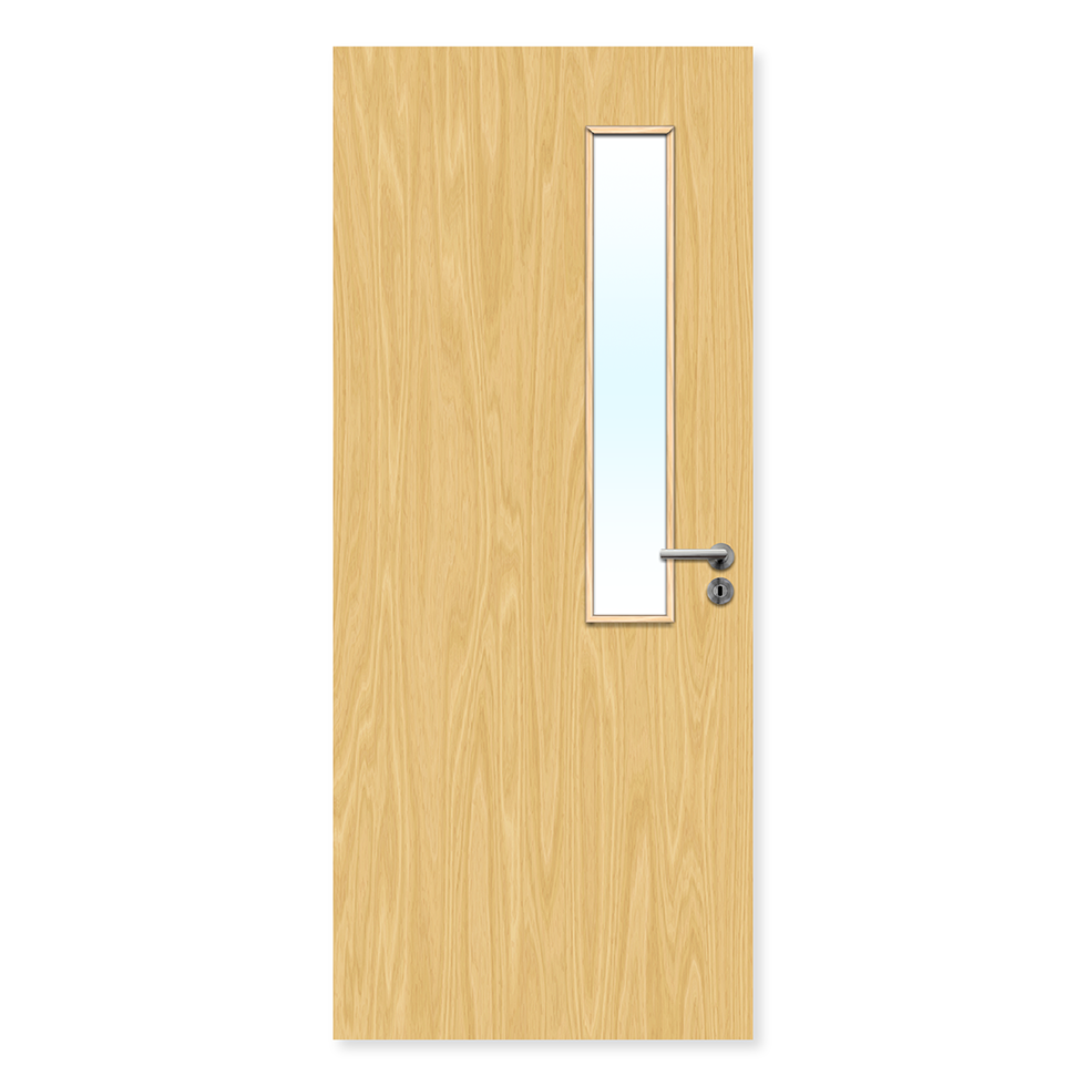 Oak fire door with vertical glazed panel and silver handle, suitable for internal use