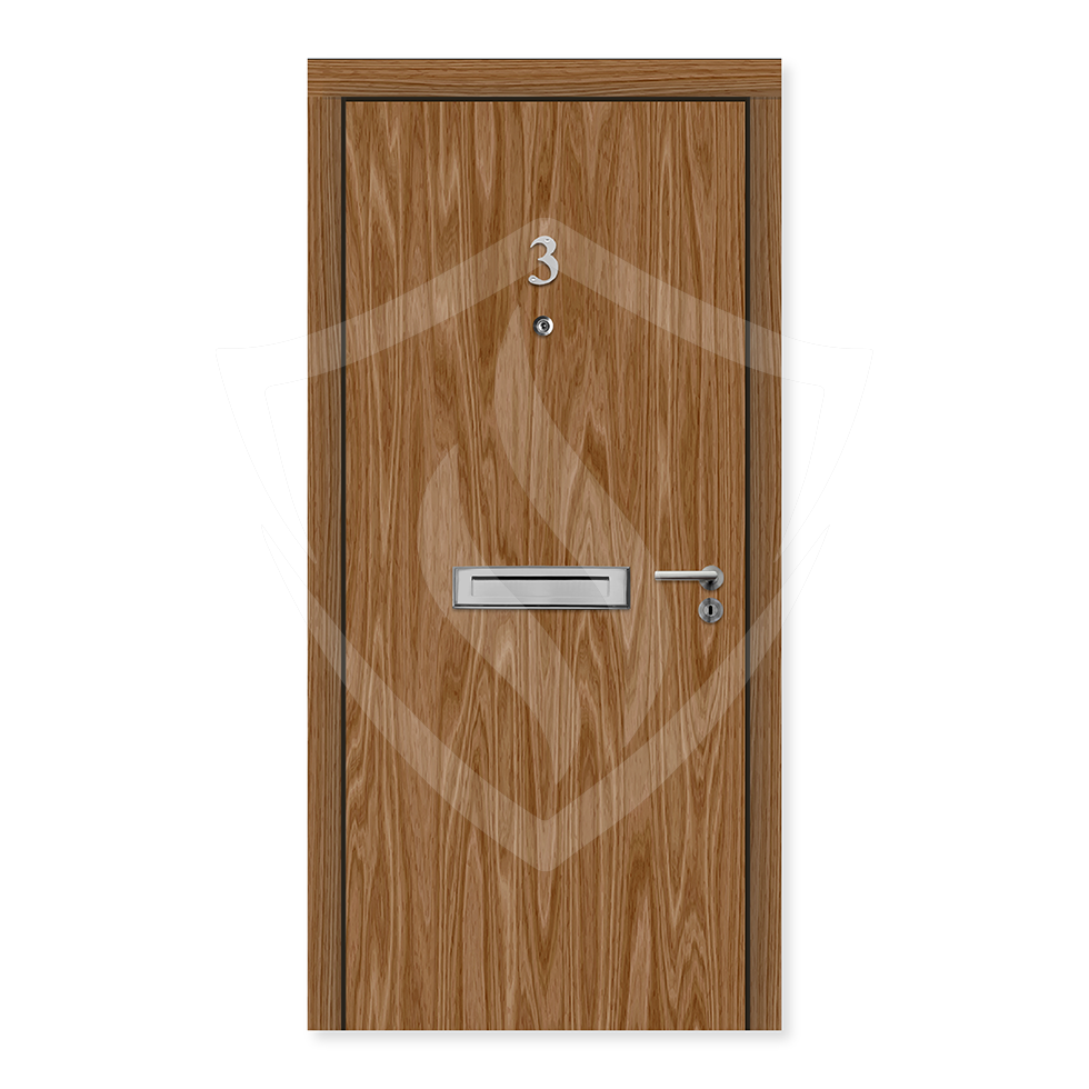Walnut wood internal fire door with metal handle, letterbox, and number 3 on white background