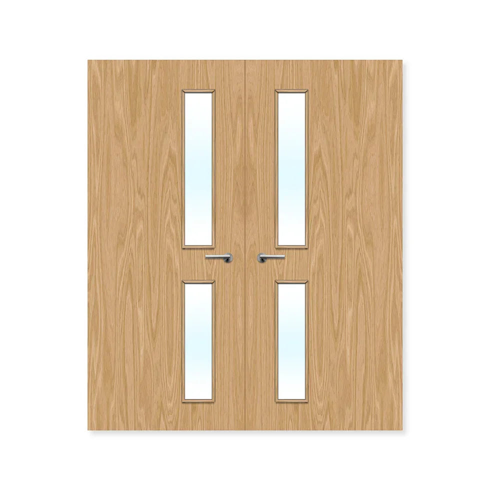 Double oak fire door with four vertical glazed panels and silver handles, internal use