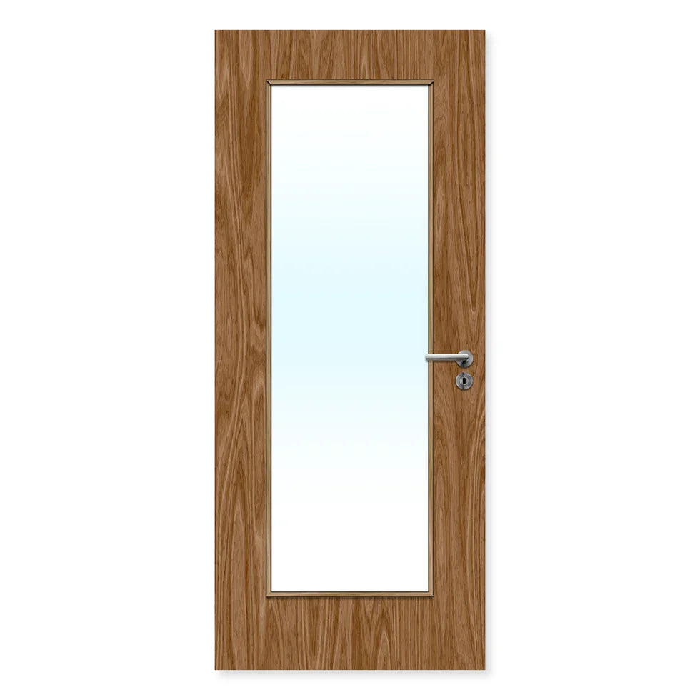 Walnut glazed internal fire door with large glass panel and silver handle, modern design.