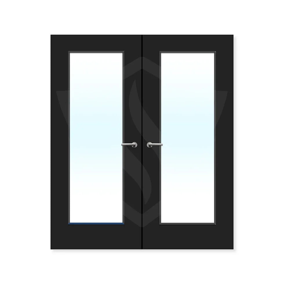 Double black fire doors with large clear glazed panels and silver handles, modern design