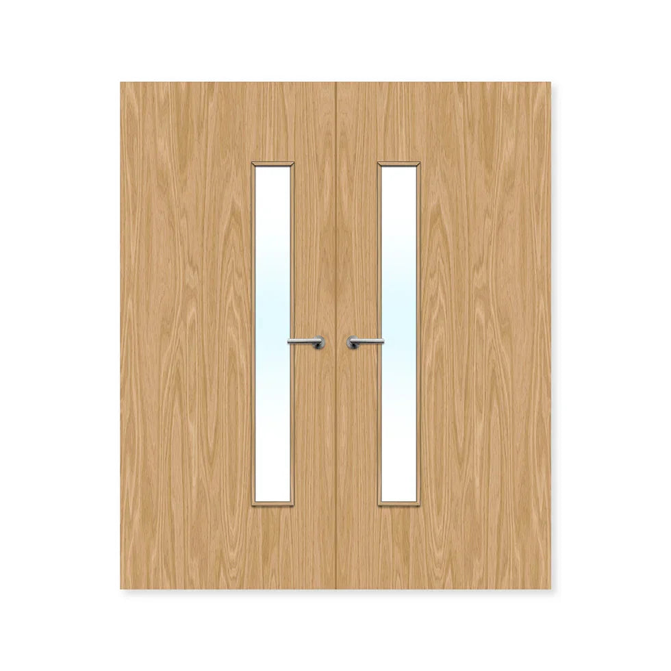 Double oak fire door with vertical glazed panels and silver handles, fire rated internal door