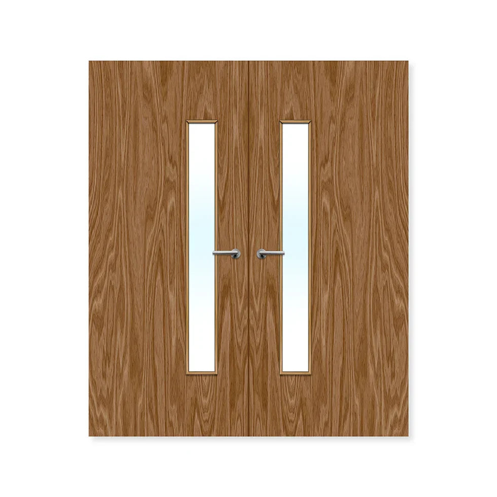 Double walnut fire doors with long vertical glazed panels and silver handles