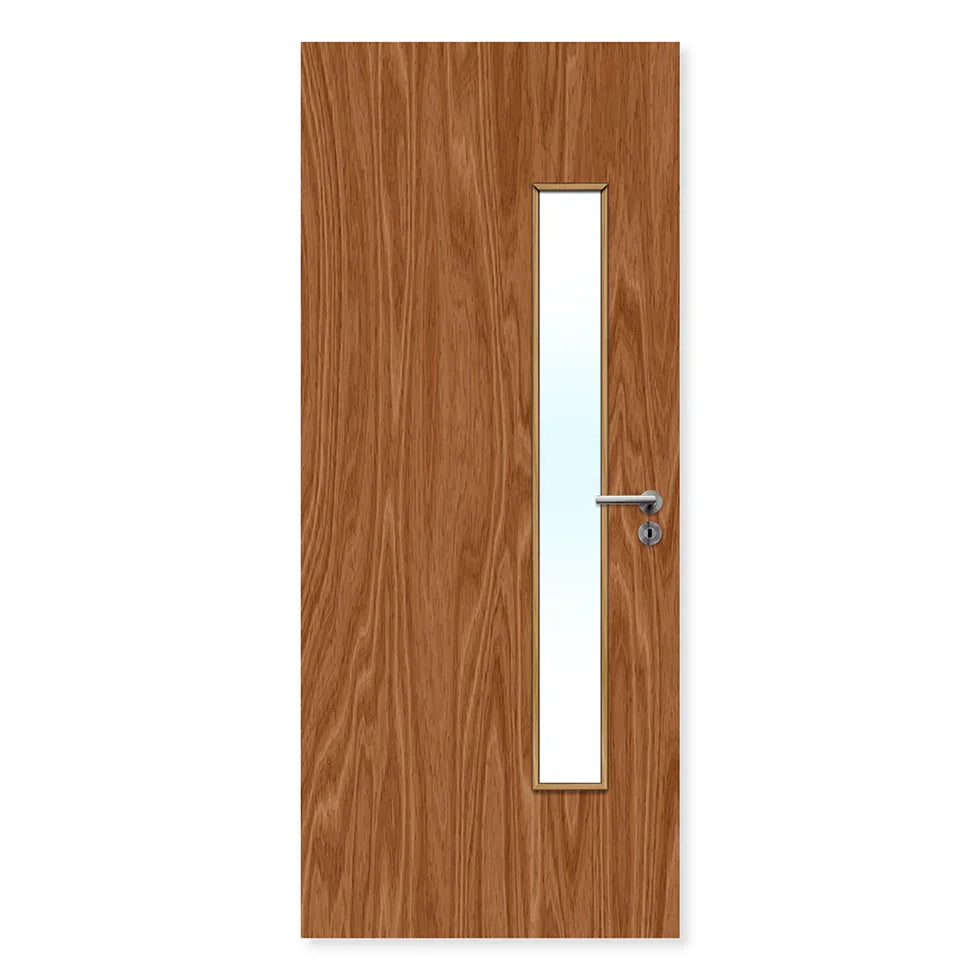 Internal oak fire door with long vertical glazed panel and wood grain finish