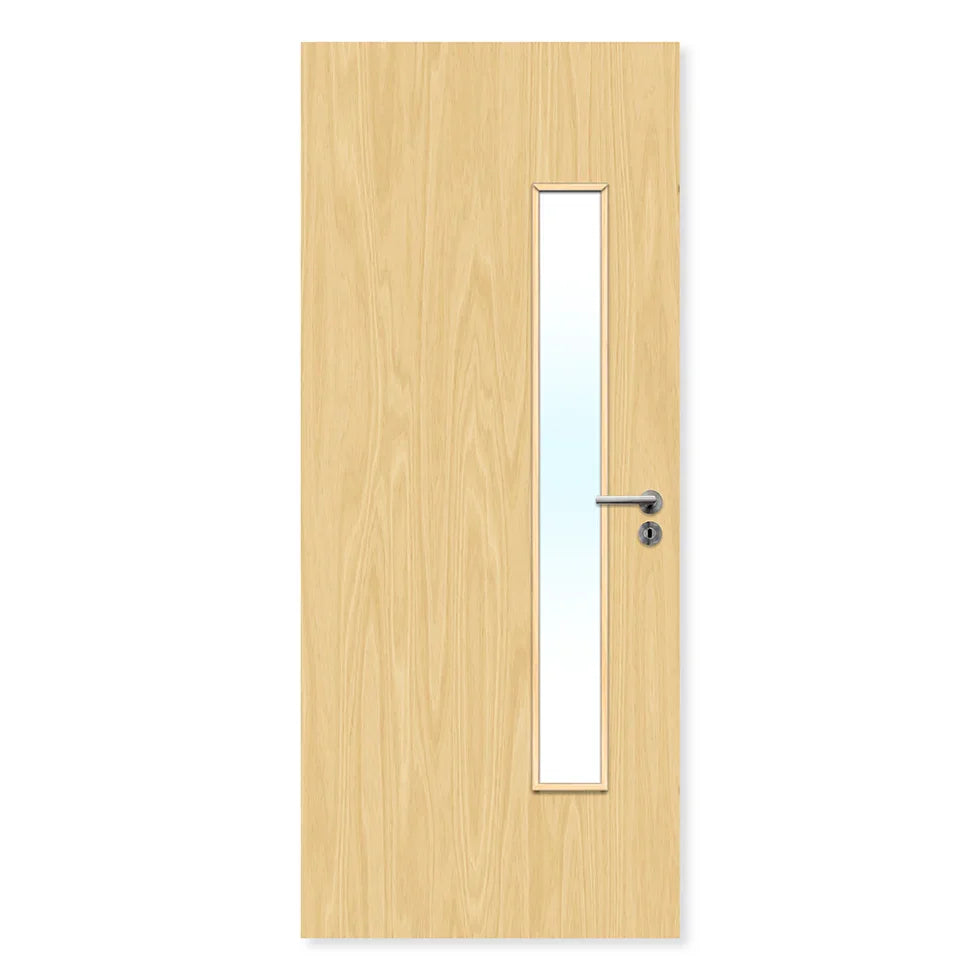 Oak finish internal fire door with vertical glazed panel and silver handle