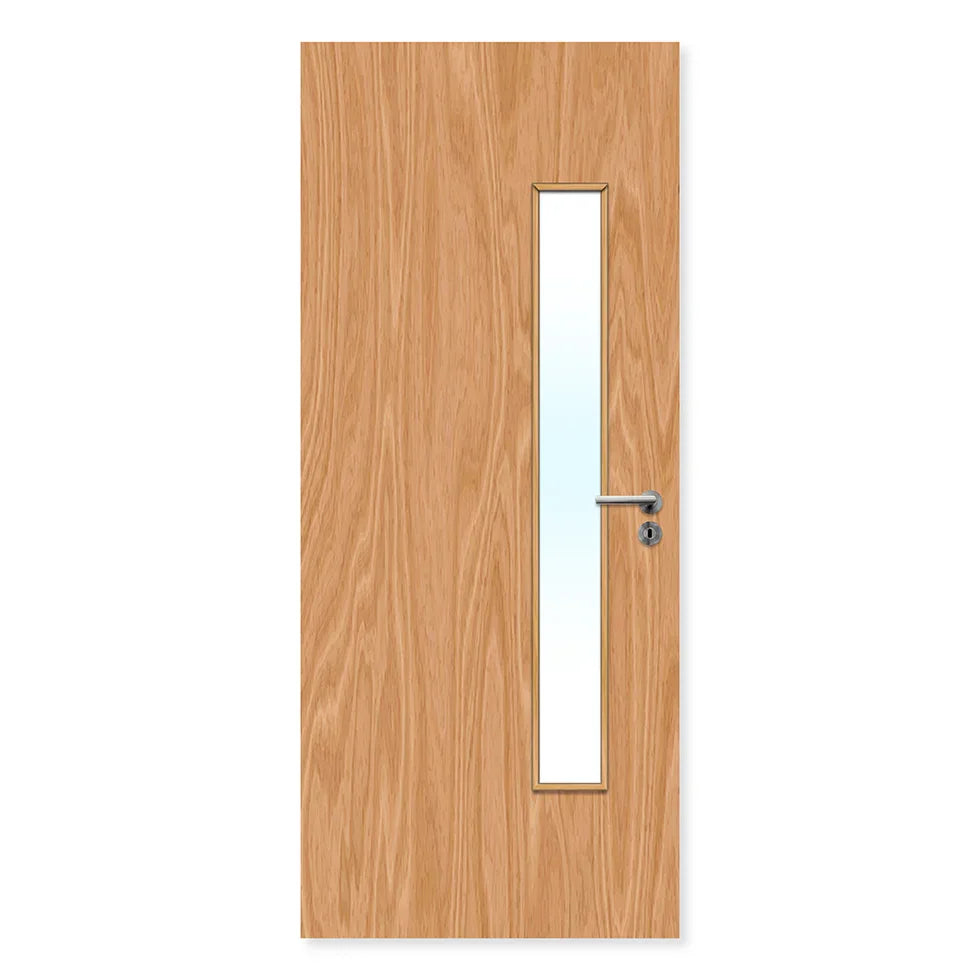 Oak veneer fire door with vertical glazed panel and silver handle, internal FD30 door