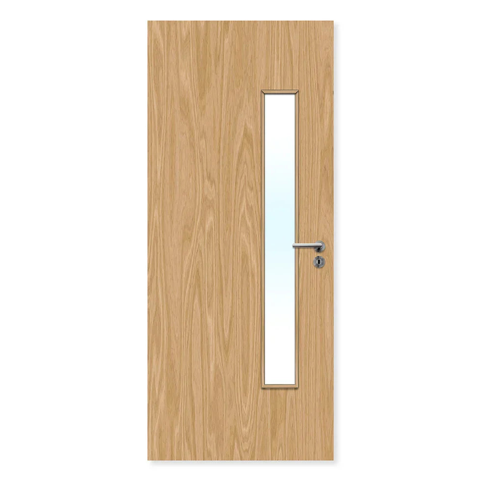 Oak fire door with vertical glazed panel and silver handle, ideal for internal use