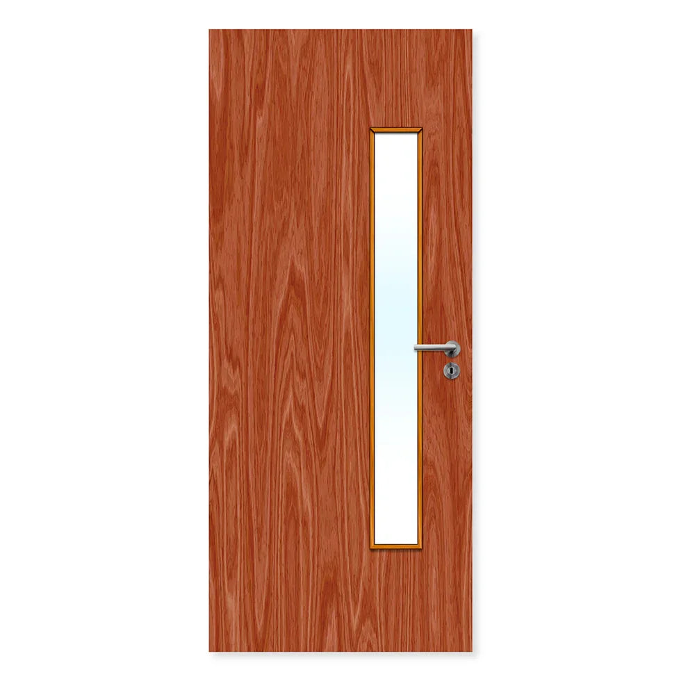 Sapele wood fire door with vertical glazed panel and metal handle, internal use.