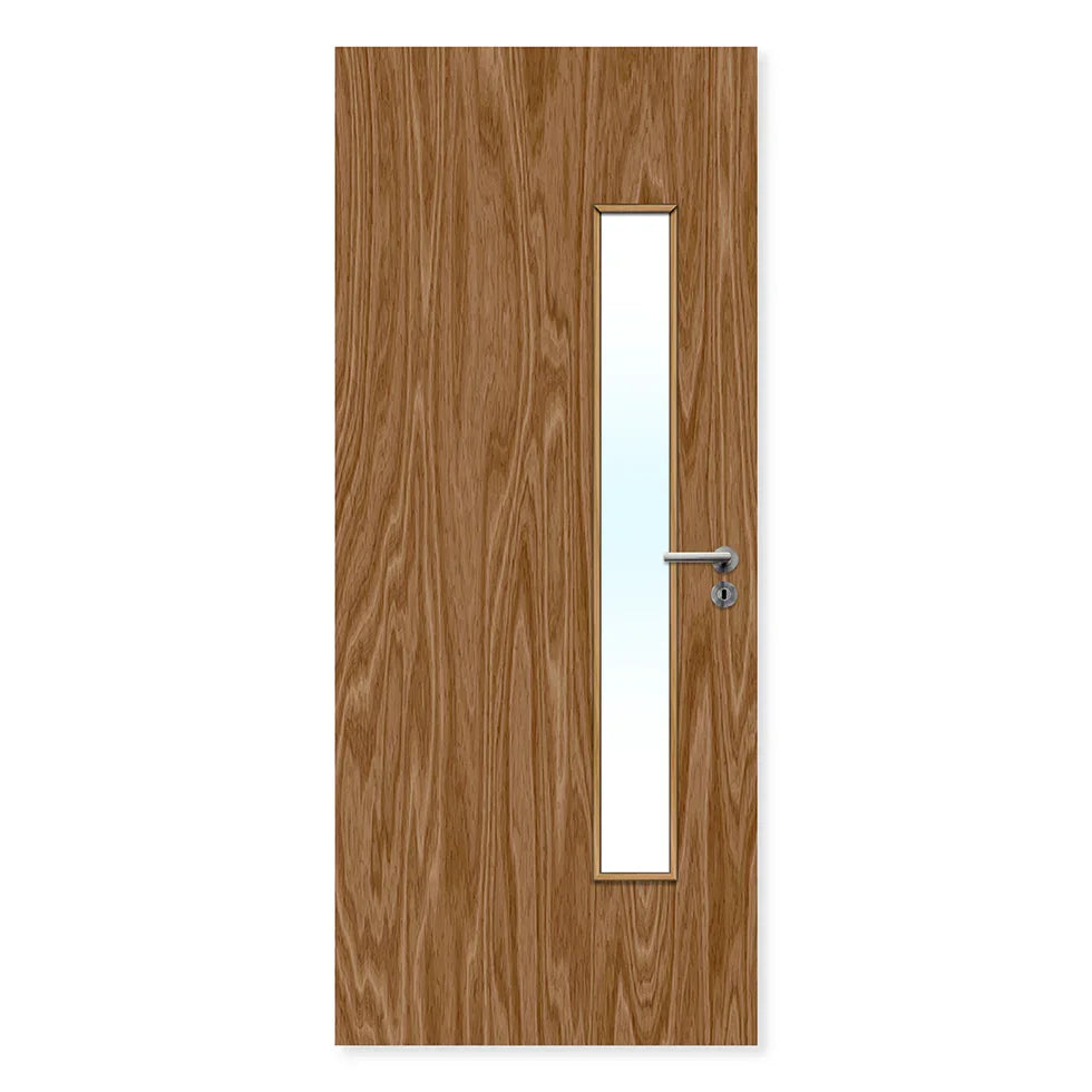 Oak veneer fire door with vertical glazed panel and silver handle, suitable for internal use.
