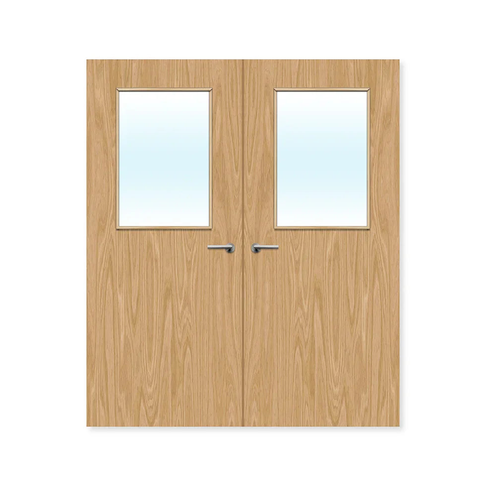 Double oak glazed fire door set with glass panels and silver handles