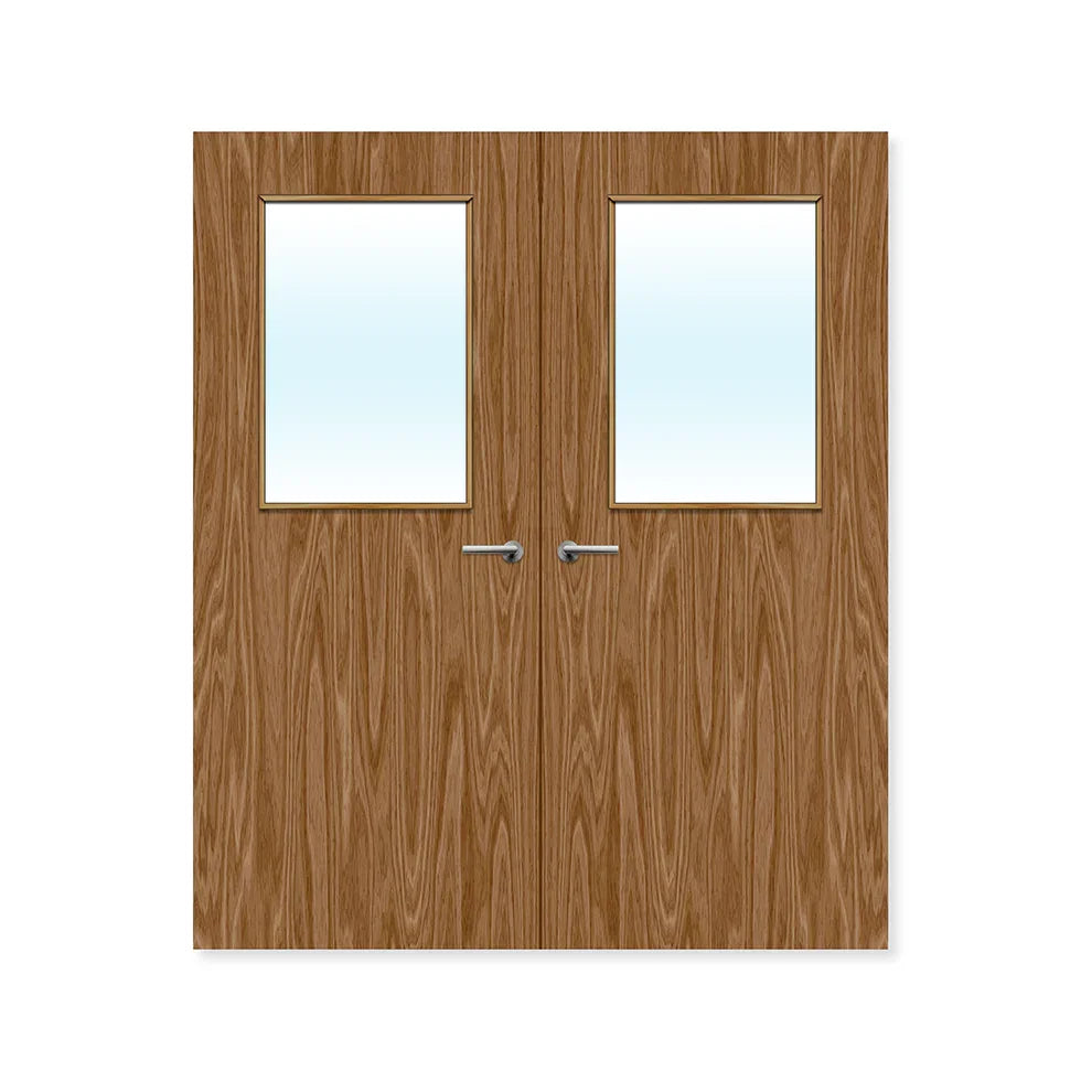 Double walnut fire door with glass panels and silver handles, suitable for internal use