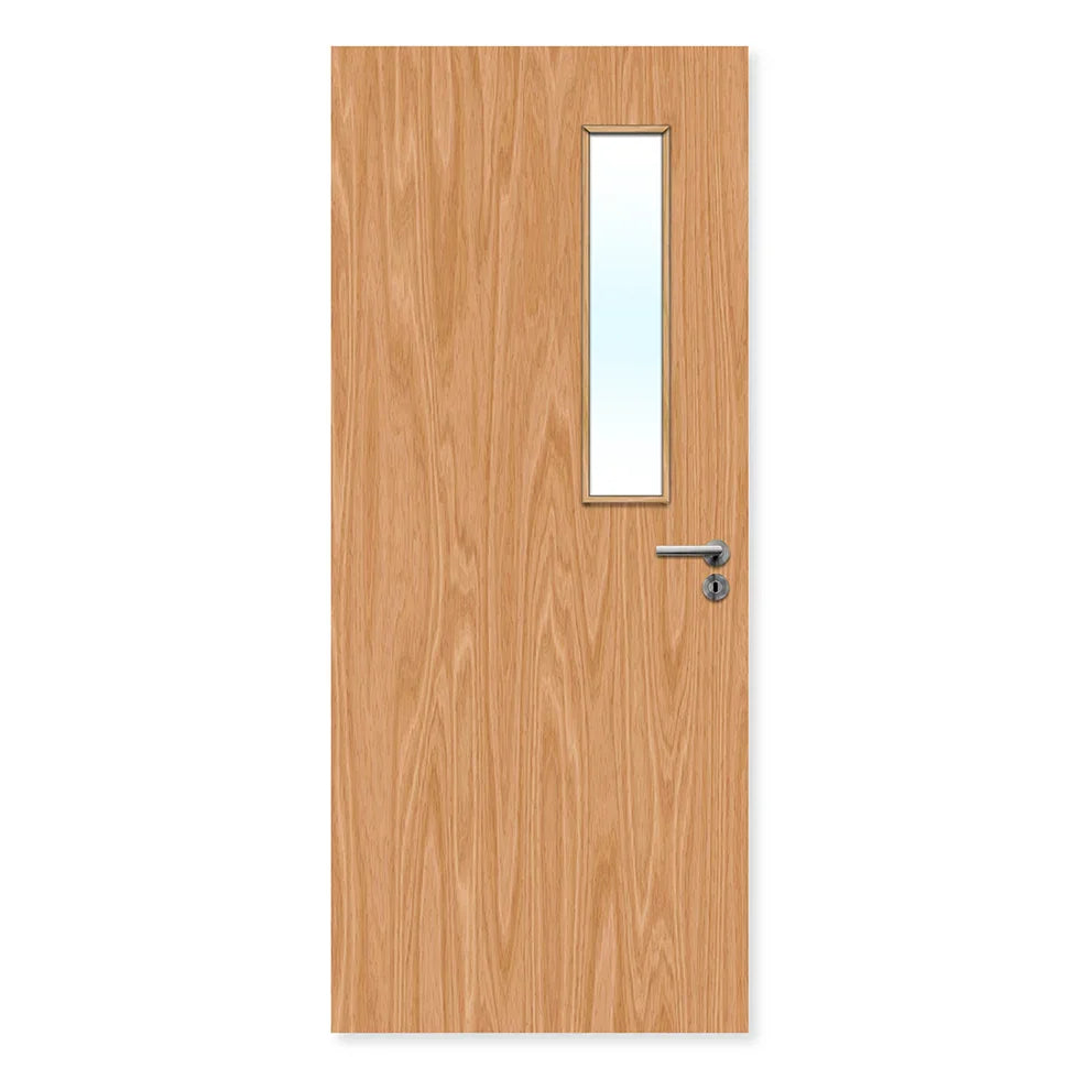 Beech internal fire door with glazed vision panel and silver handle