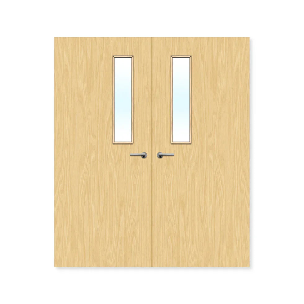 Double oak internal fire doors with glazed vision panels and silver handles