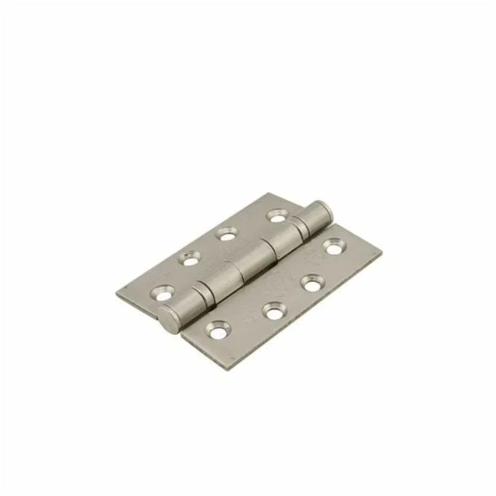 Satin stainless steel fire rated hinge with six screw holes on each side, isolated on white