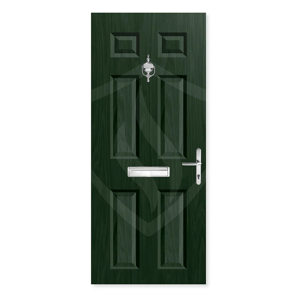 Green external fire rated front door with panels, chrome handle, letterbox, and knocker