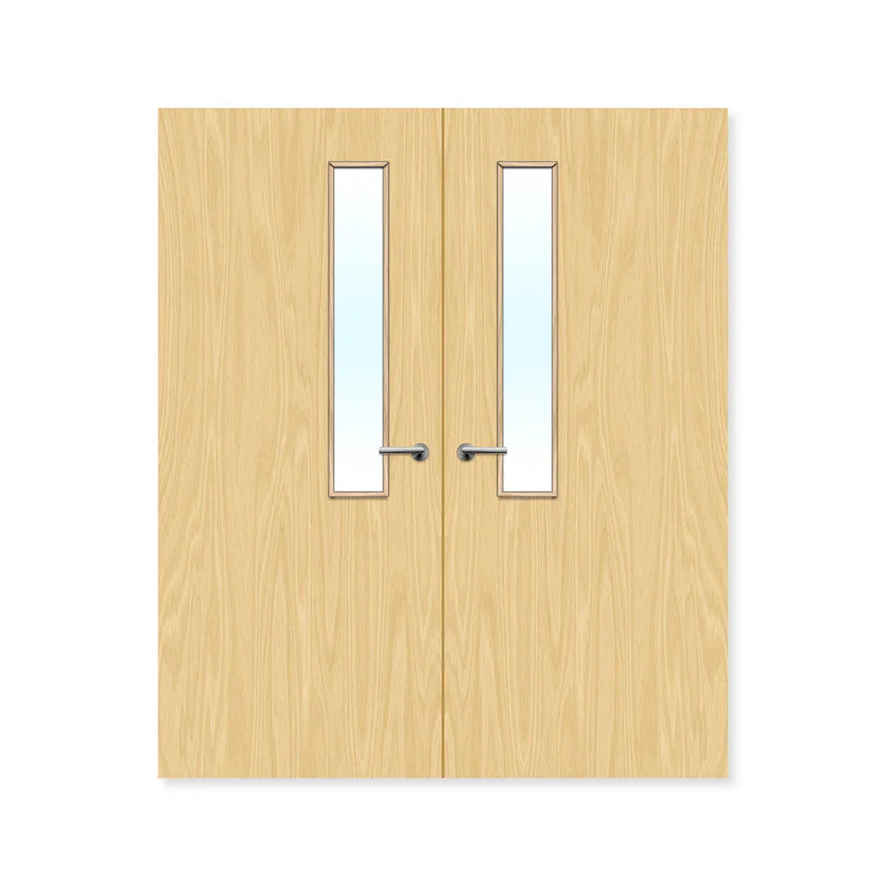 Double oak fire door with glazed panels and metal handles, fire rated internal door