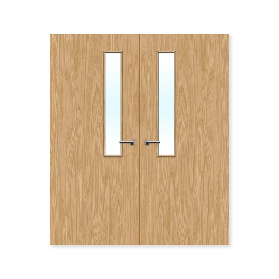 Double leaf oak fire door with vertical glazed panels and silver handles
