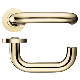 Polished brass lever door handle with round rose, modern fire door hardware