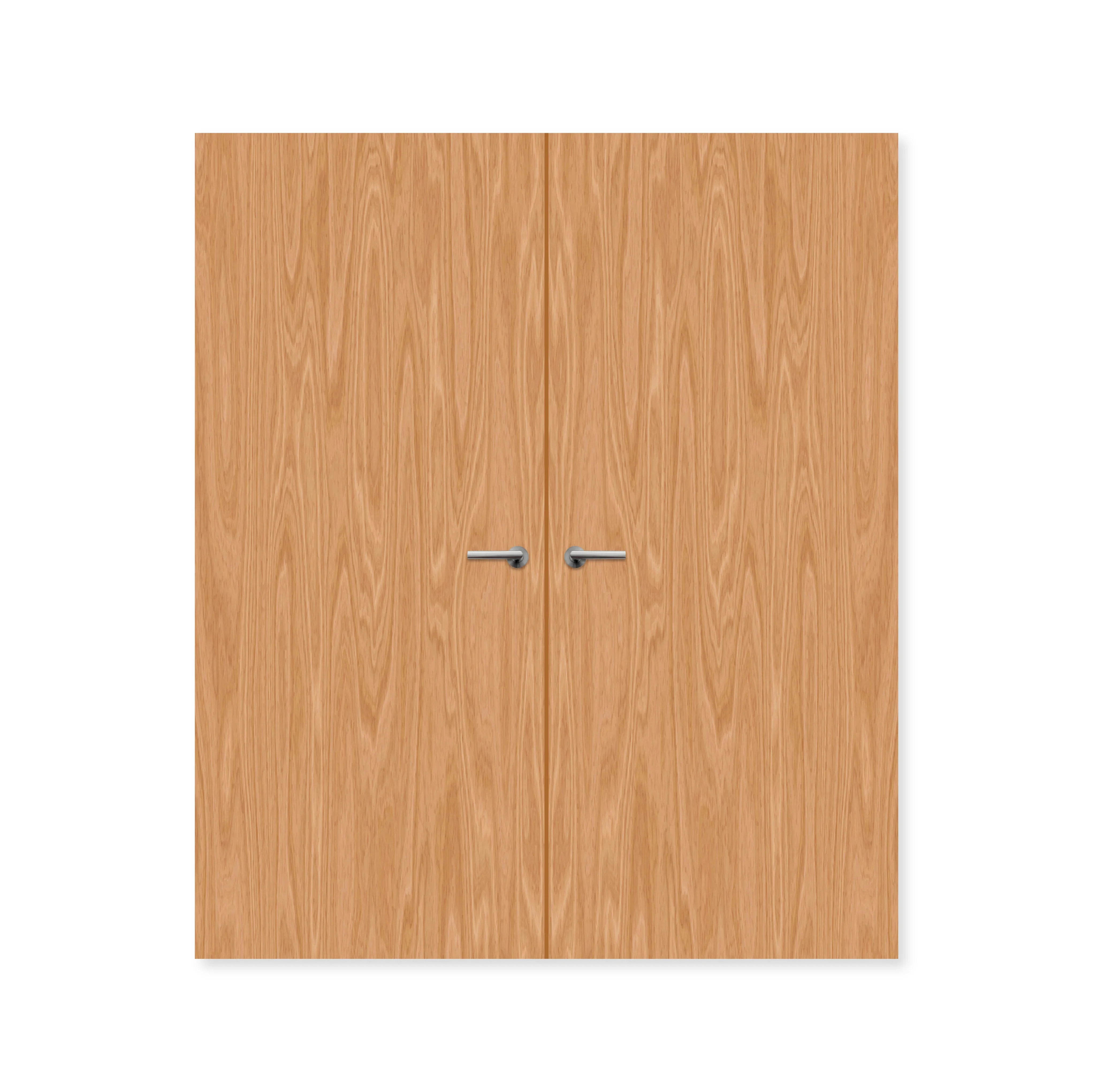 Flush double beech fire door with natural wood grain and silver handles, internal use
