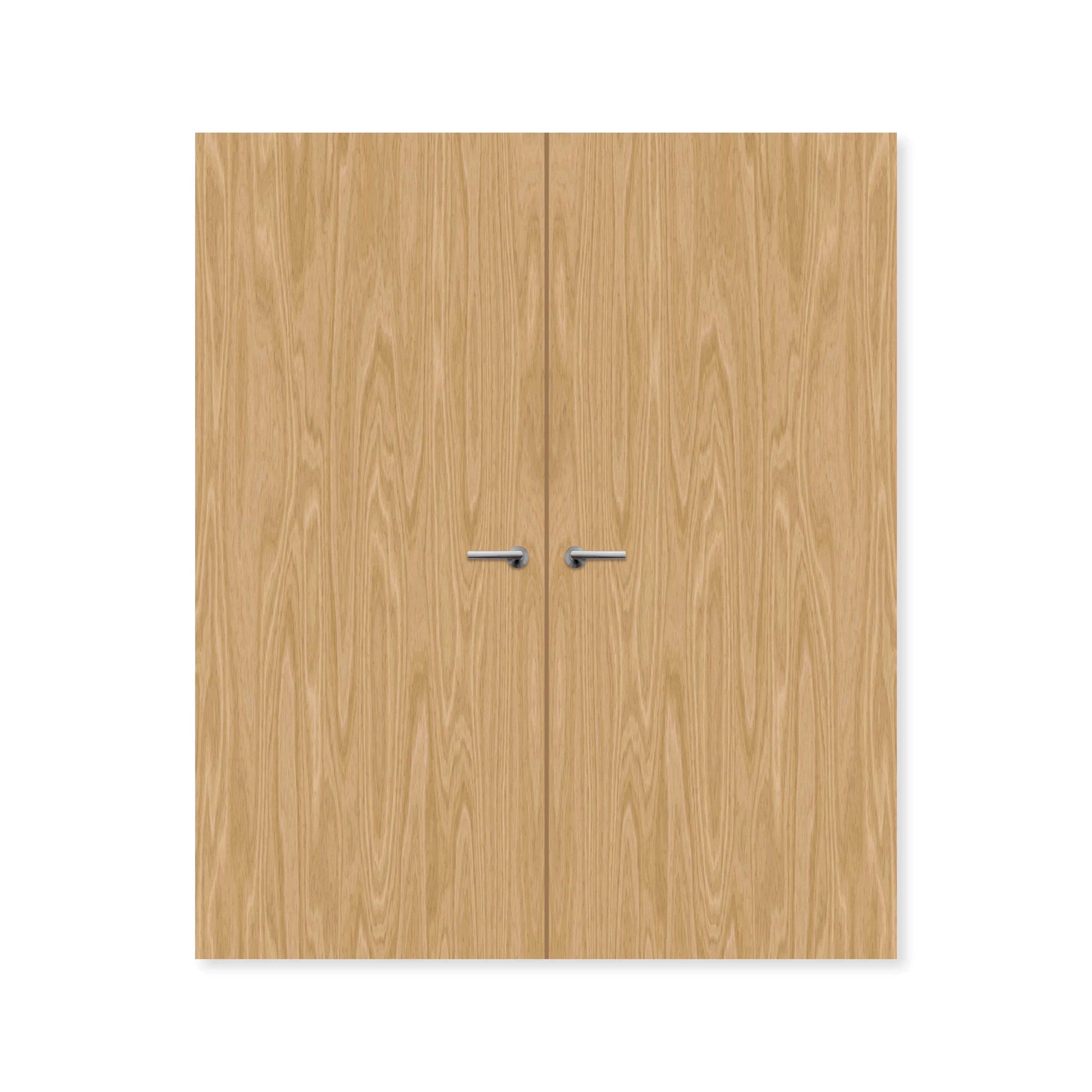 Flush double oak fire doors with natural wood grain and metal handles