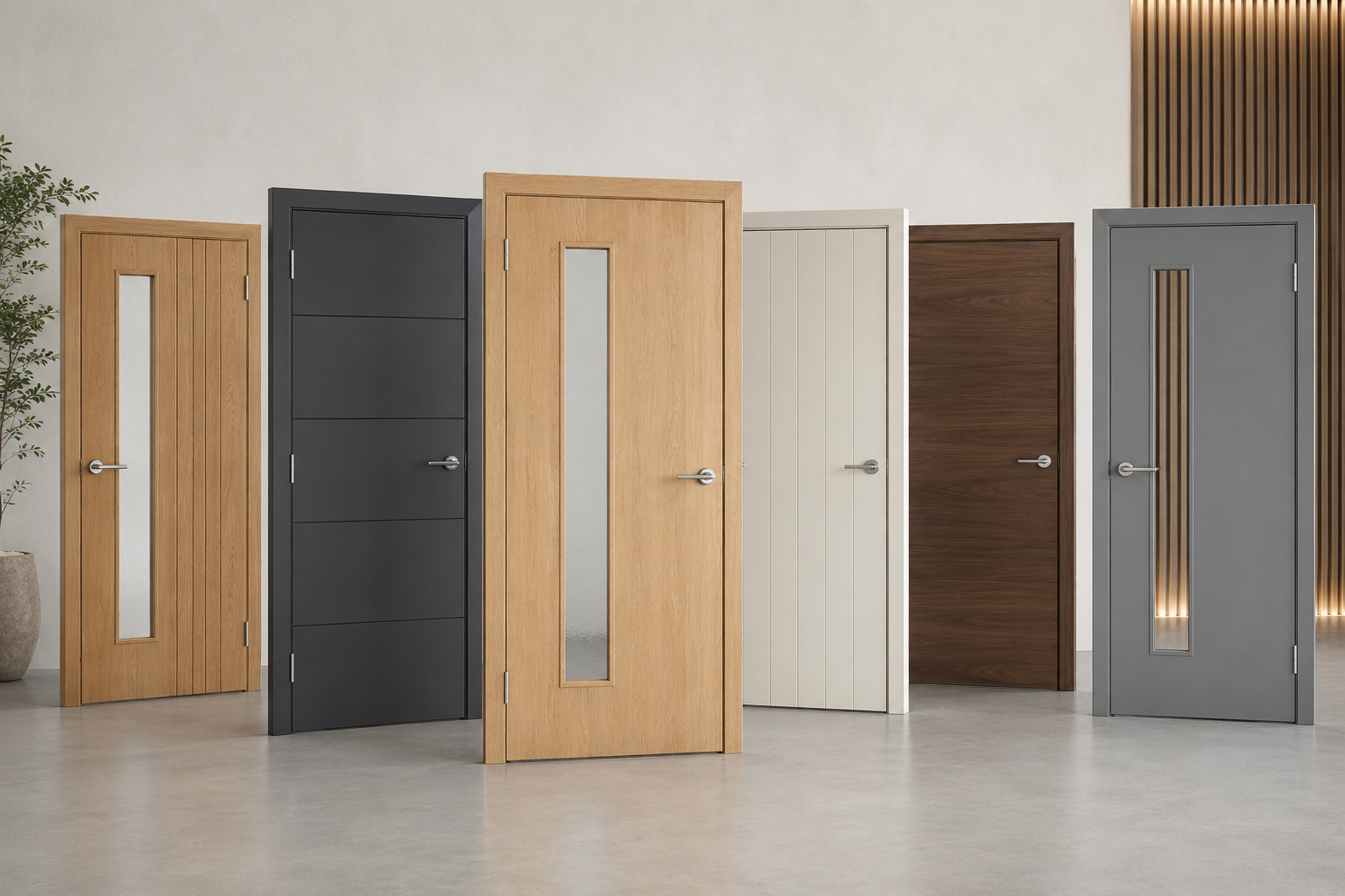 FD30 internal oak flush fire door with natural wood grain pattern, isolated on white background.