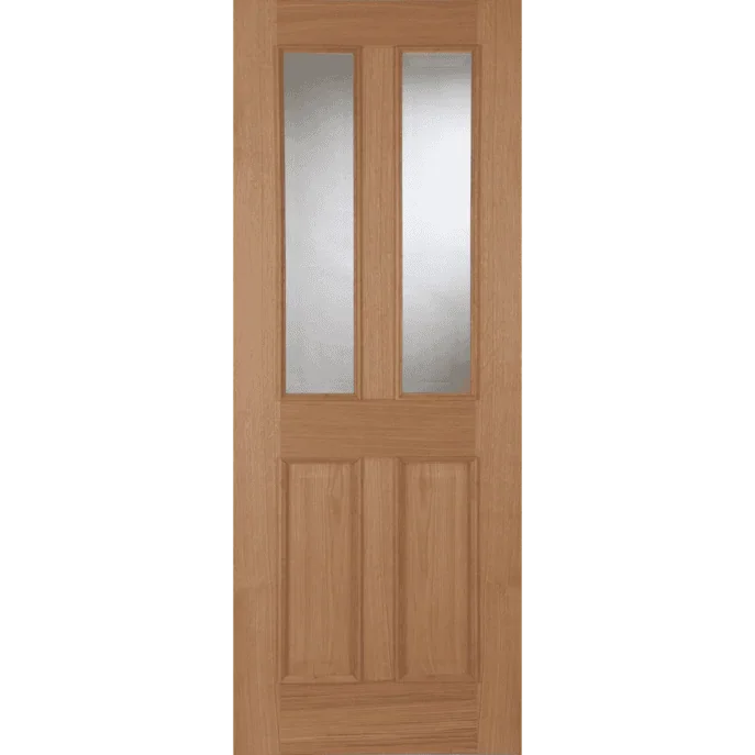 Oak internal fire door with two vertical glazed panels and two solid panels