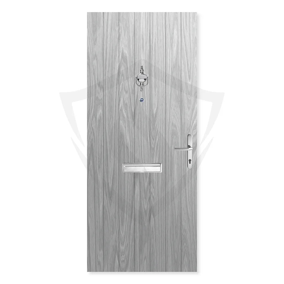 Grey wood grain external fire door with chrome handle, letterbox, and viewer