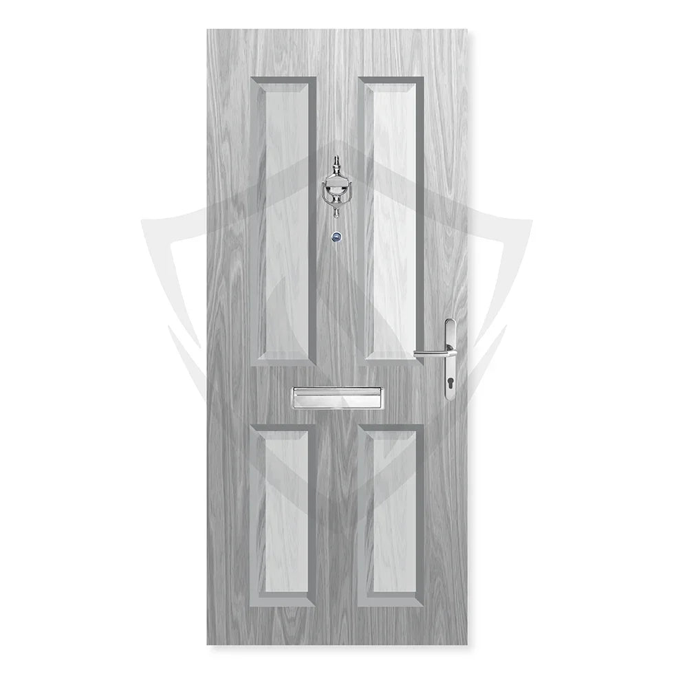 Grey 4-panel fire door with wood grain, chrome knocker, handle, and letterbox