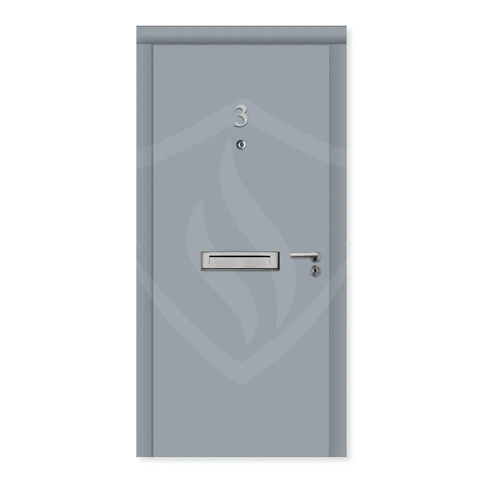 Grey internal fire door with number 3, letterbox, handle, and peephole