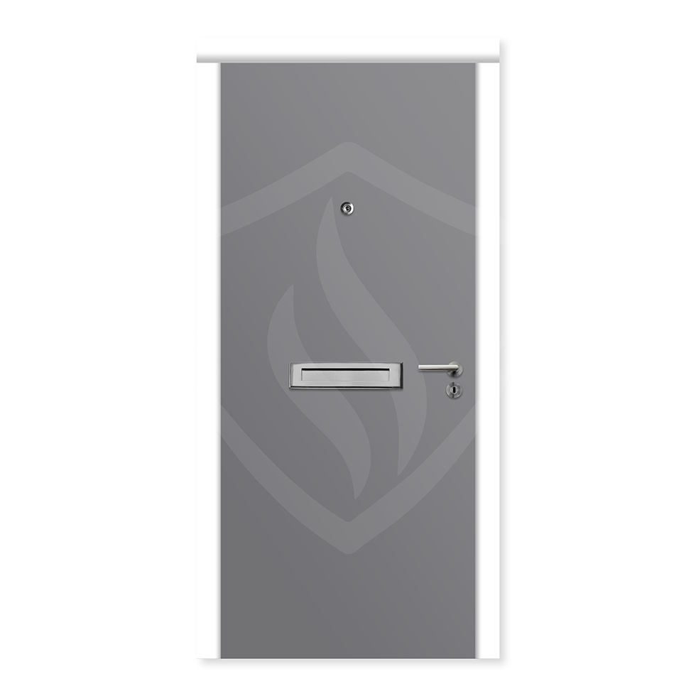 Grey fire door with letterbox, peephole, metal handle, and white frame for home security