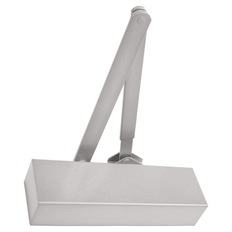 Silver fire door closer with adjustable arm for fire resisting doors, isolated on white background.