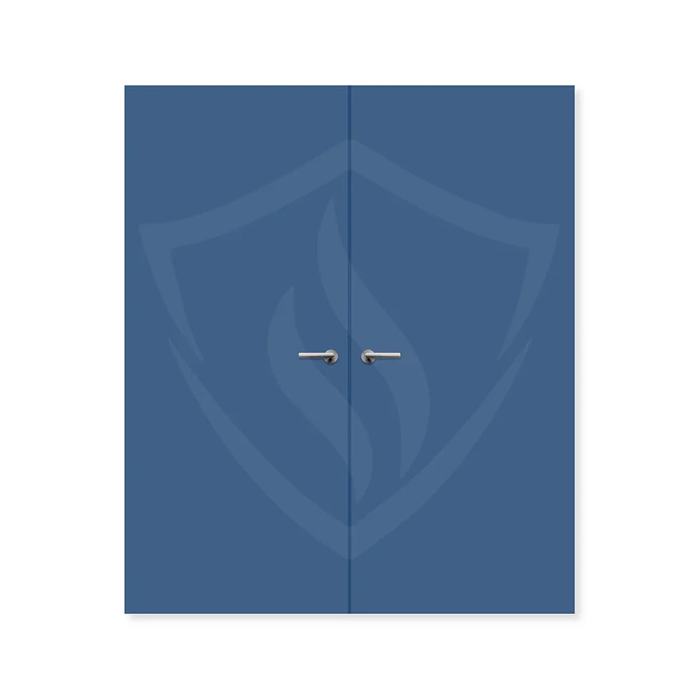 Double blue fire doors with silver handles, plain internal fire rated door set.