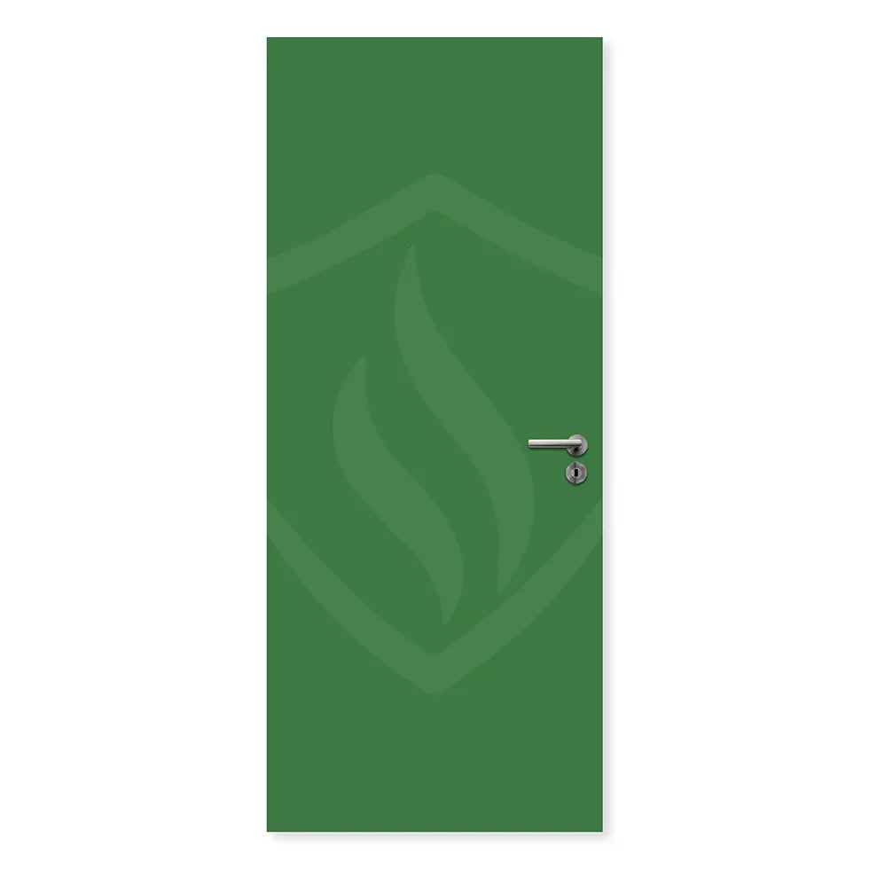Green single flush fire door with silver handle, internal fire-resistant door design