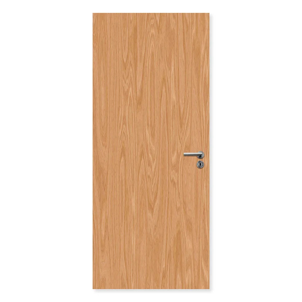 Single flush beech internal fire door with natural wood grain and silver handle