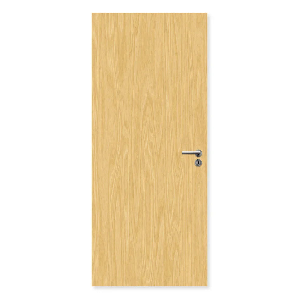 Light wood veneer internal fire door with silver handle, modern flush design.