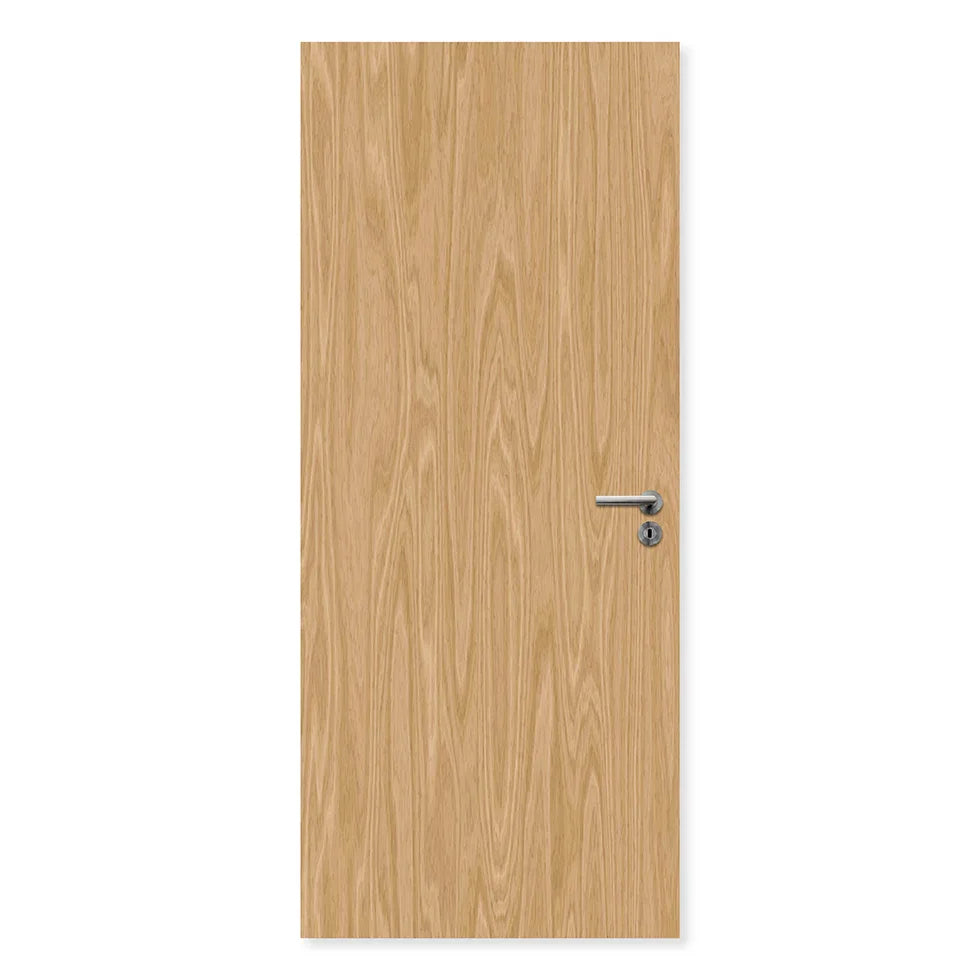 Single flush oak internal fire door with wood grain finish and silver handle