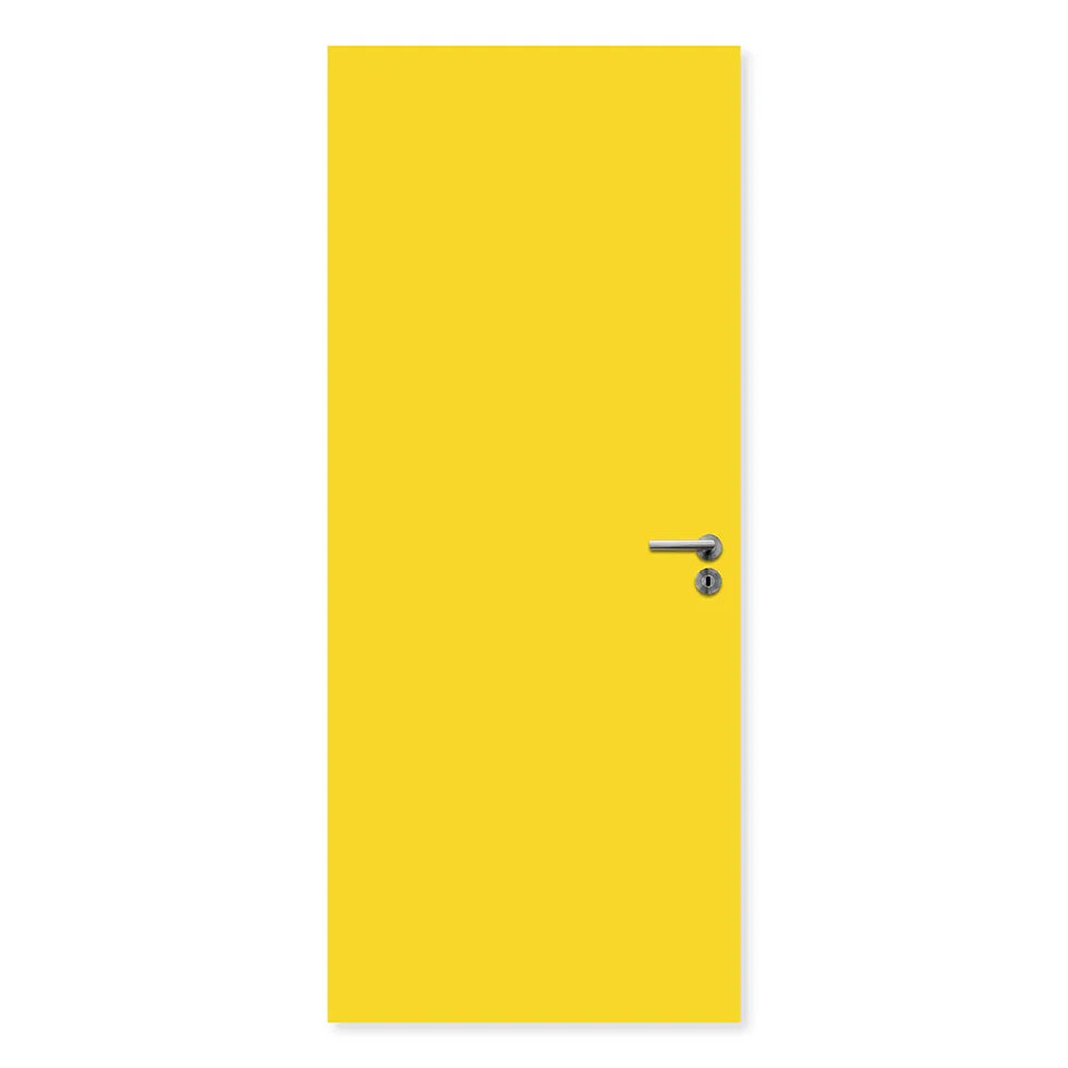 Single flush yellow fire door with silver handle, modern internal door design