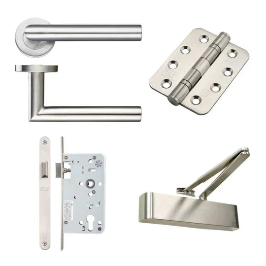 Stainless steel fire door hardware kit with lever handle, hinge, lock, and door closer