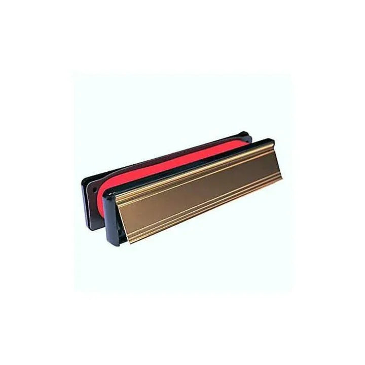 Brass intumescent letter plate set for FD30 fire door, rectangular with red seal insert.