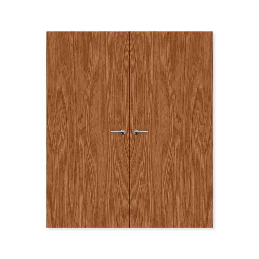 Double oak fire door set with modern handles, flush finish, wood grain pattern.